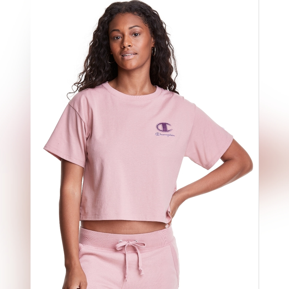 Women's Champion Cropped Tee, Houndstooth Logo Pink Beige M